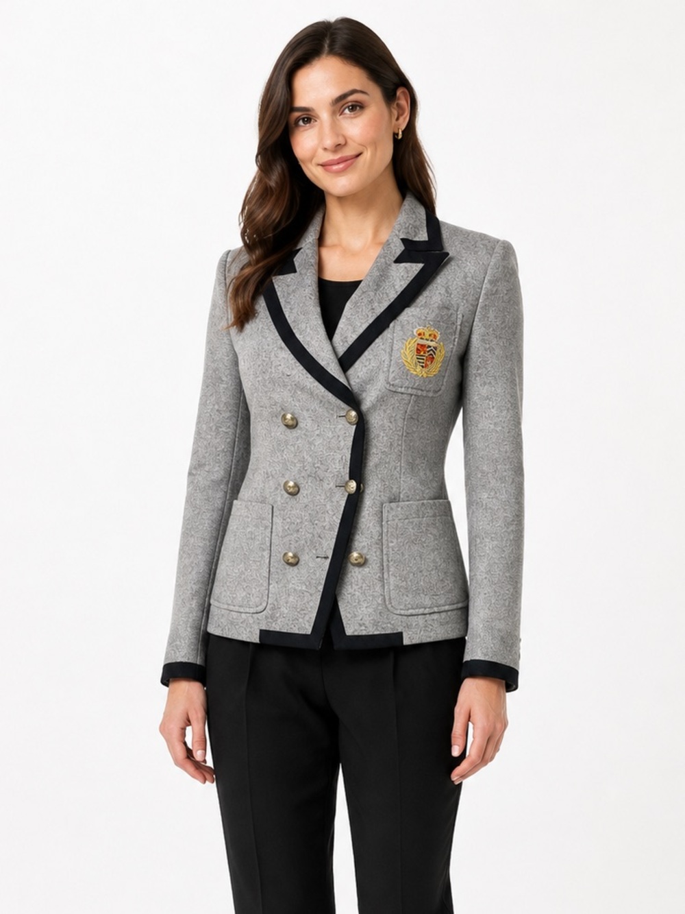Priorities Gray Wool Blend Crest Double Breasted Military Blazer Jacket S